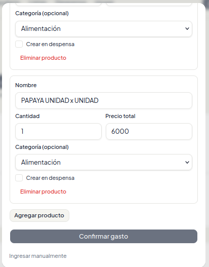 Pantalla de revisión del recibo escaneado